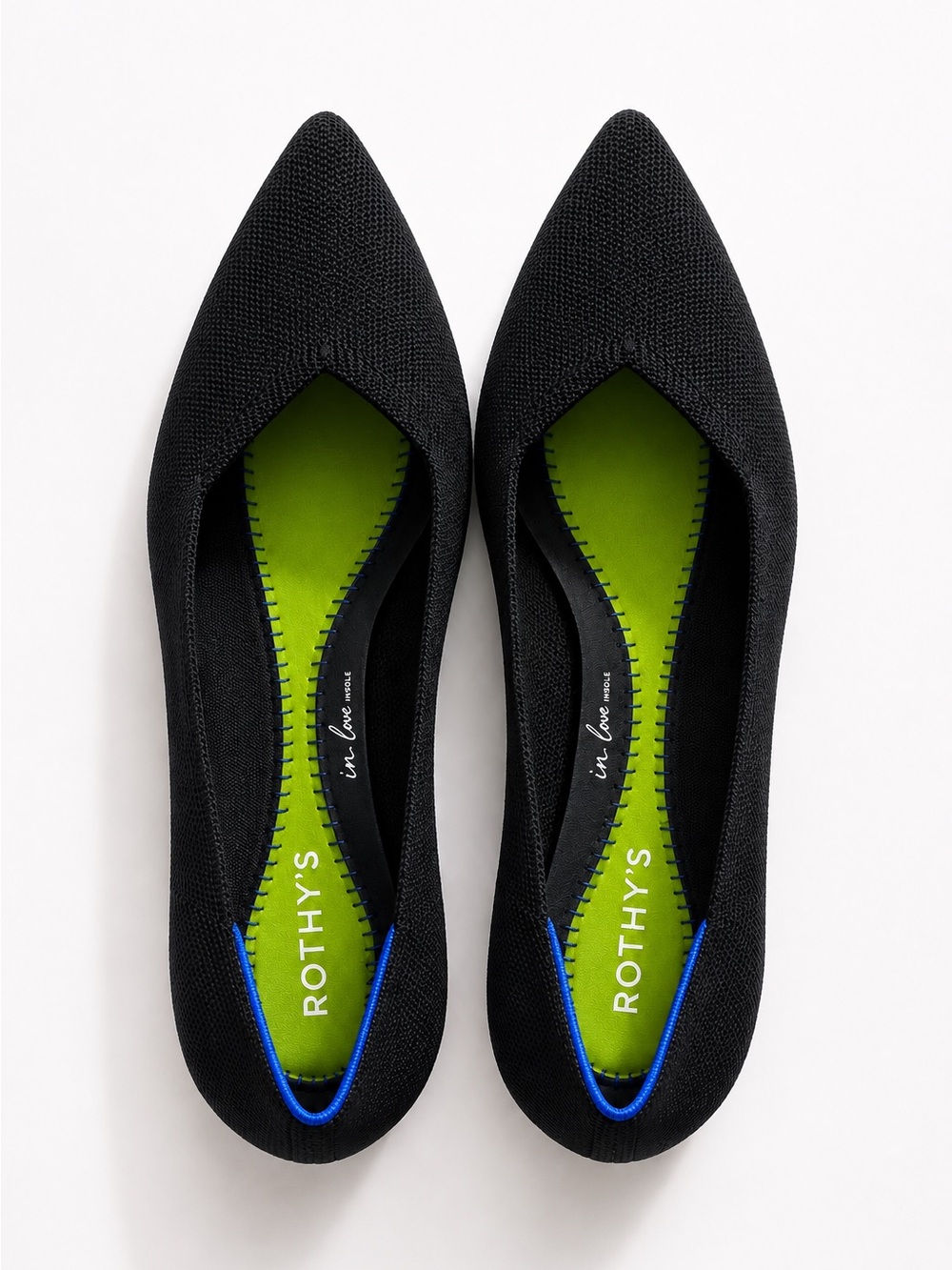 Rothy’s The Point Black Knit Pointed Toe Flats Sz 8.5 Blue Trim Washable Comfort